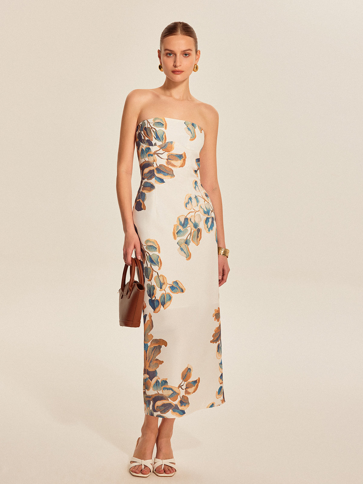 Floral Print Strapless Dress-Chicvia