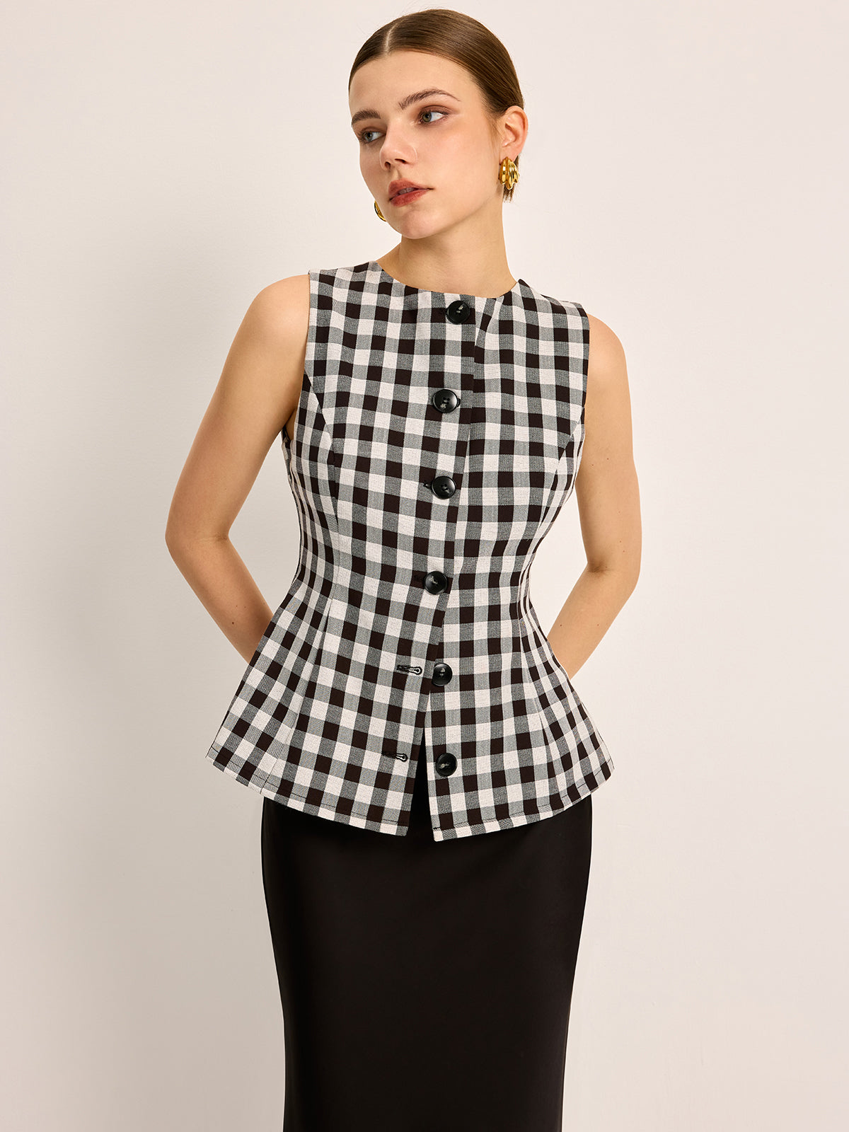 Plaid Button Back Tie Top-Chicvia