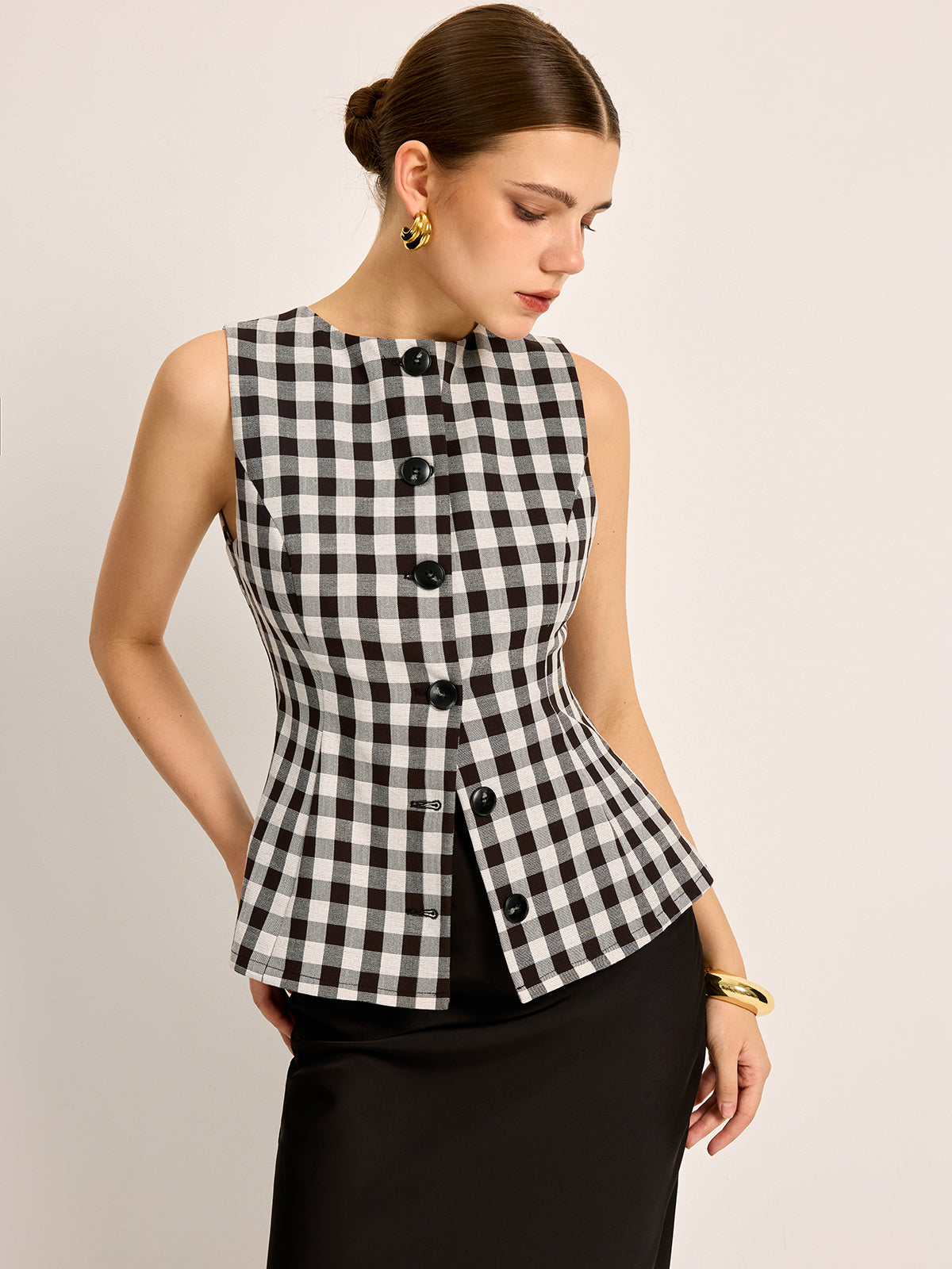Plaid Button Back Tie Top-Chicvia