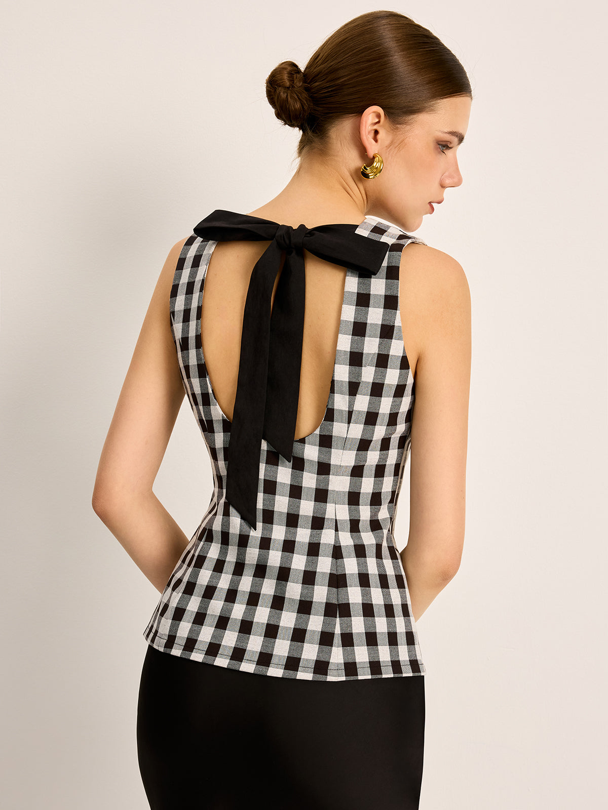 Plaid Button Back Tie Top-Chicvia