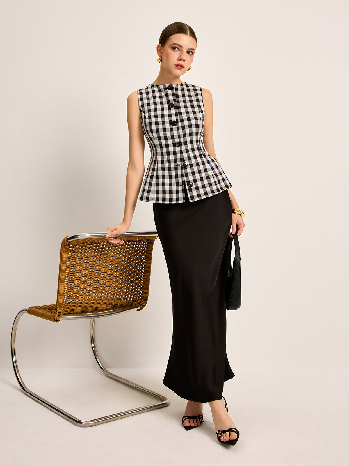 Plaid Button Back Tie Top-Chicvia