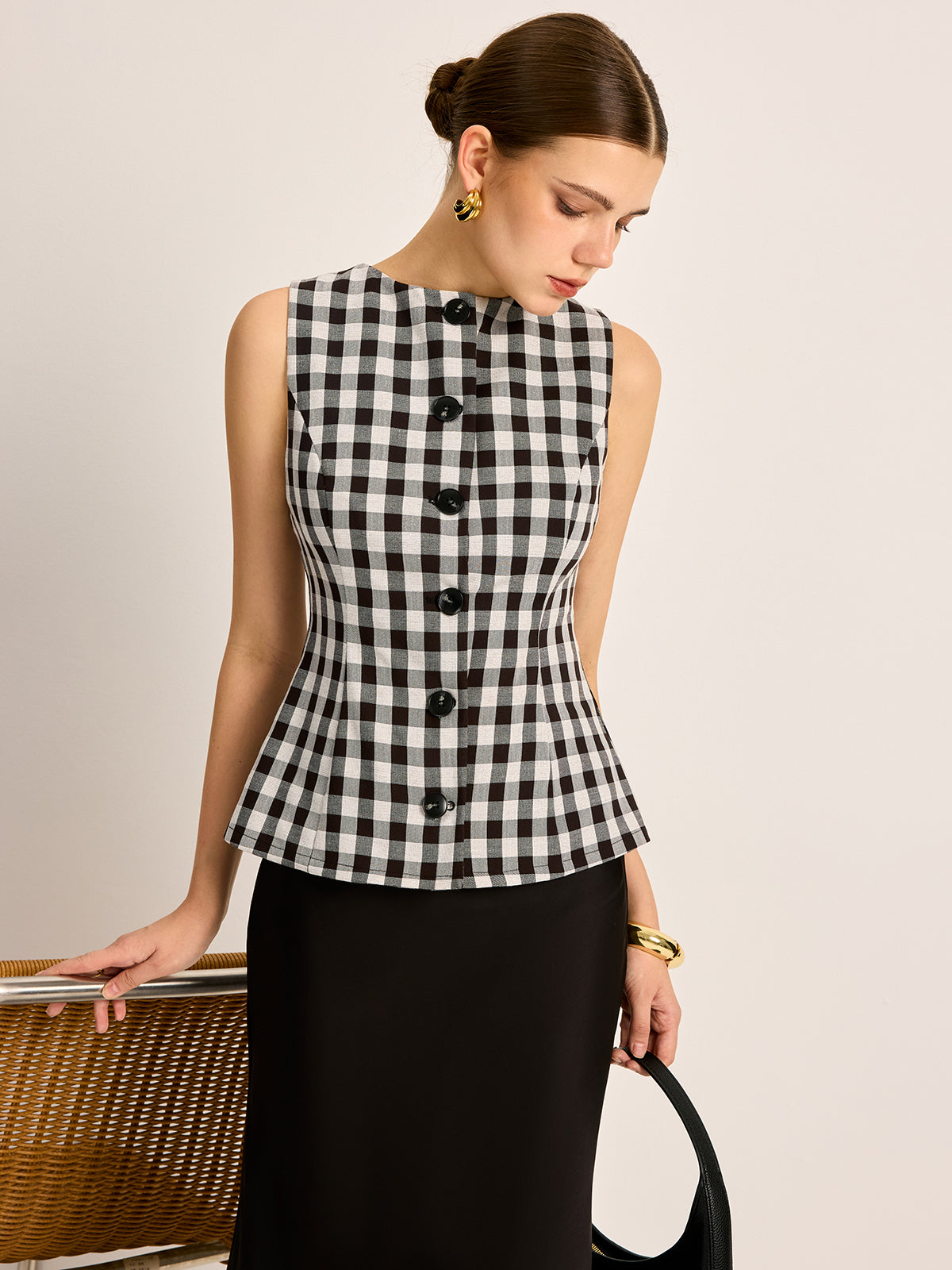 Plaid Button Back Tie Top-Chicvia