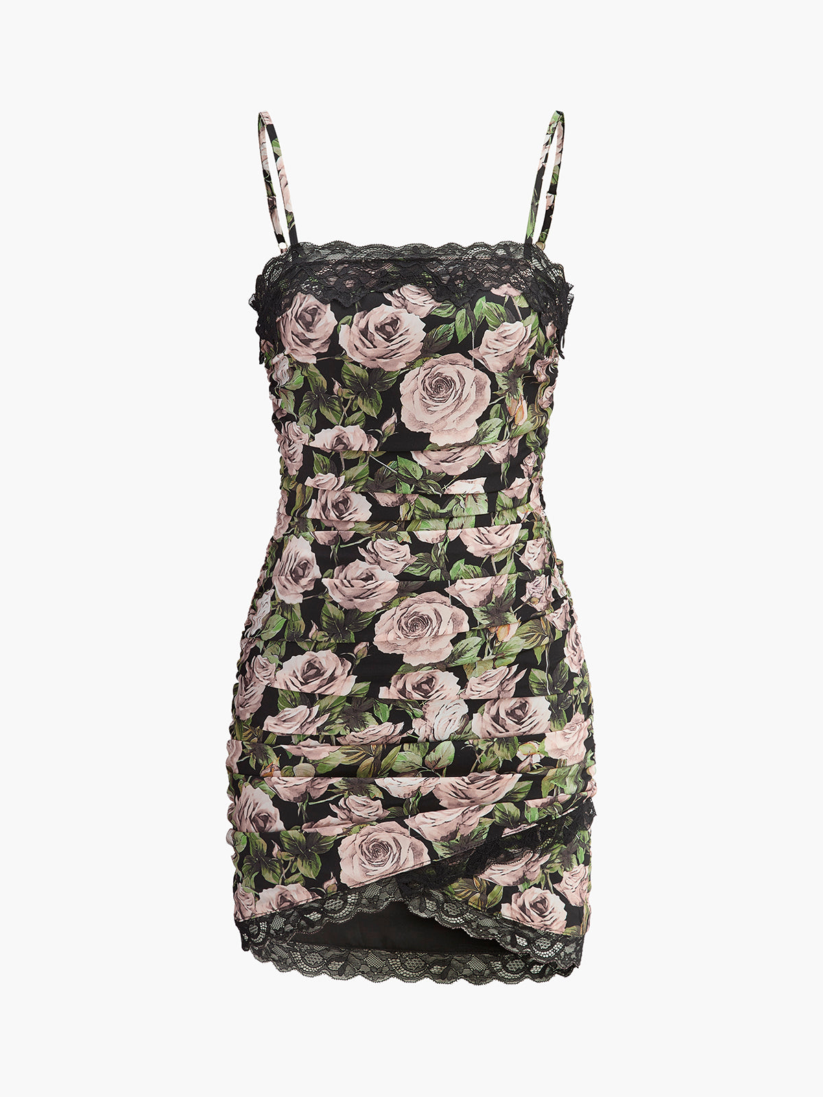 Floral Lace-Trim Ruched Dress-Chicvia