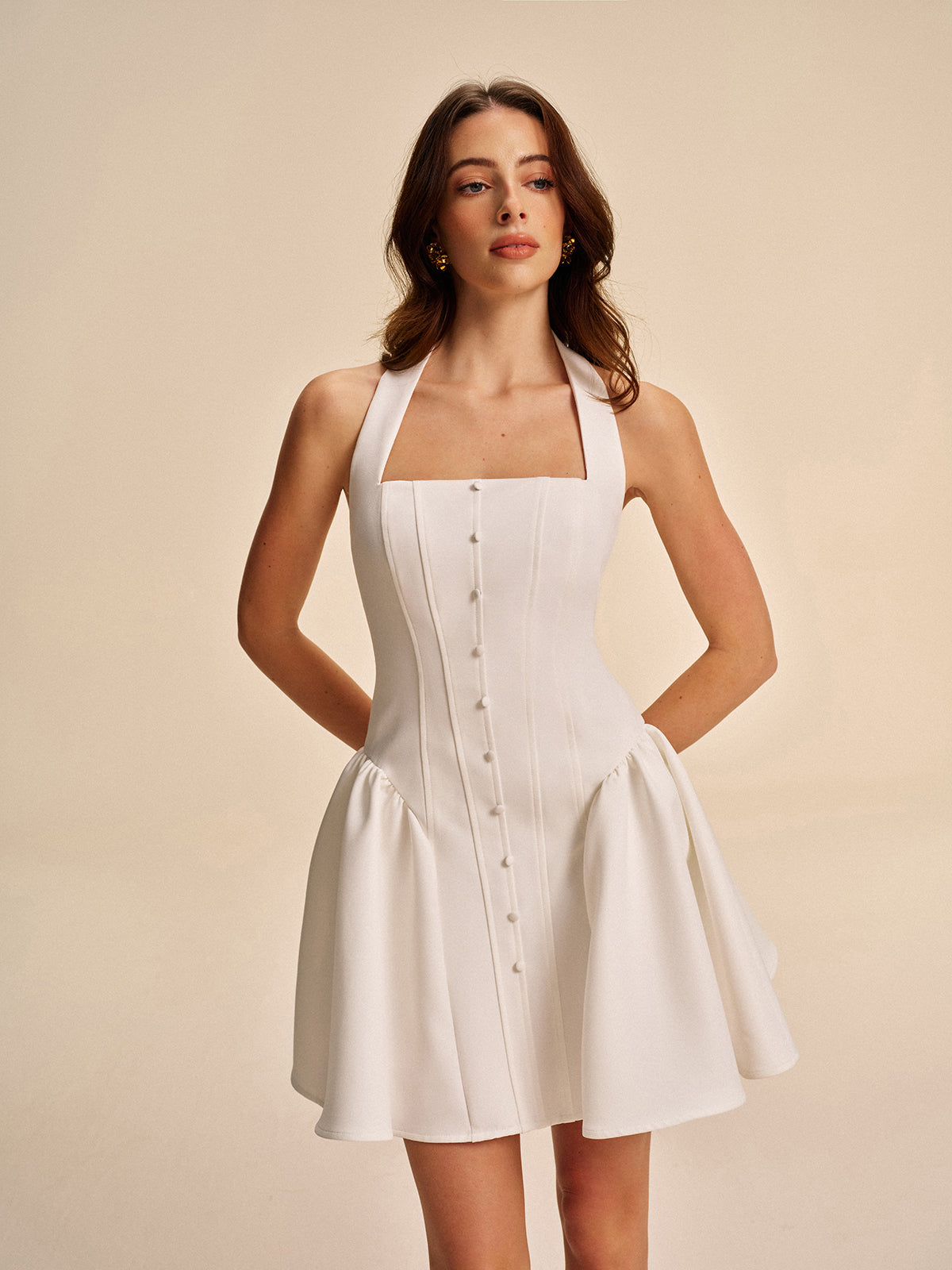 Button Detail Halter Dress-Chicvia