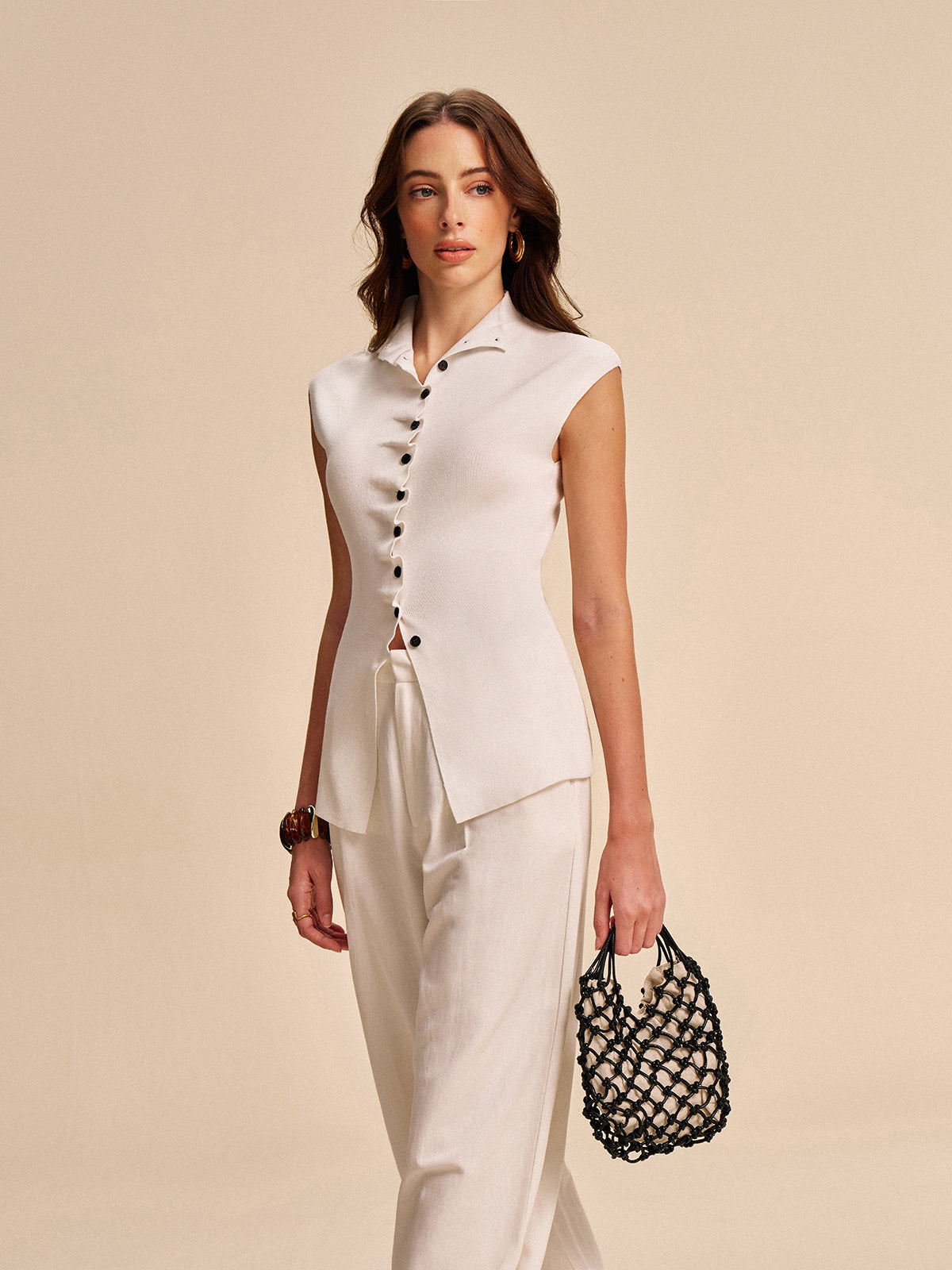 Button-Front Sleeveless Cardigan-Chicvia