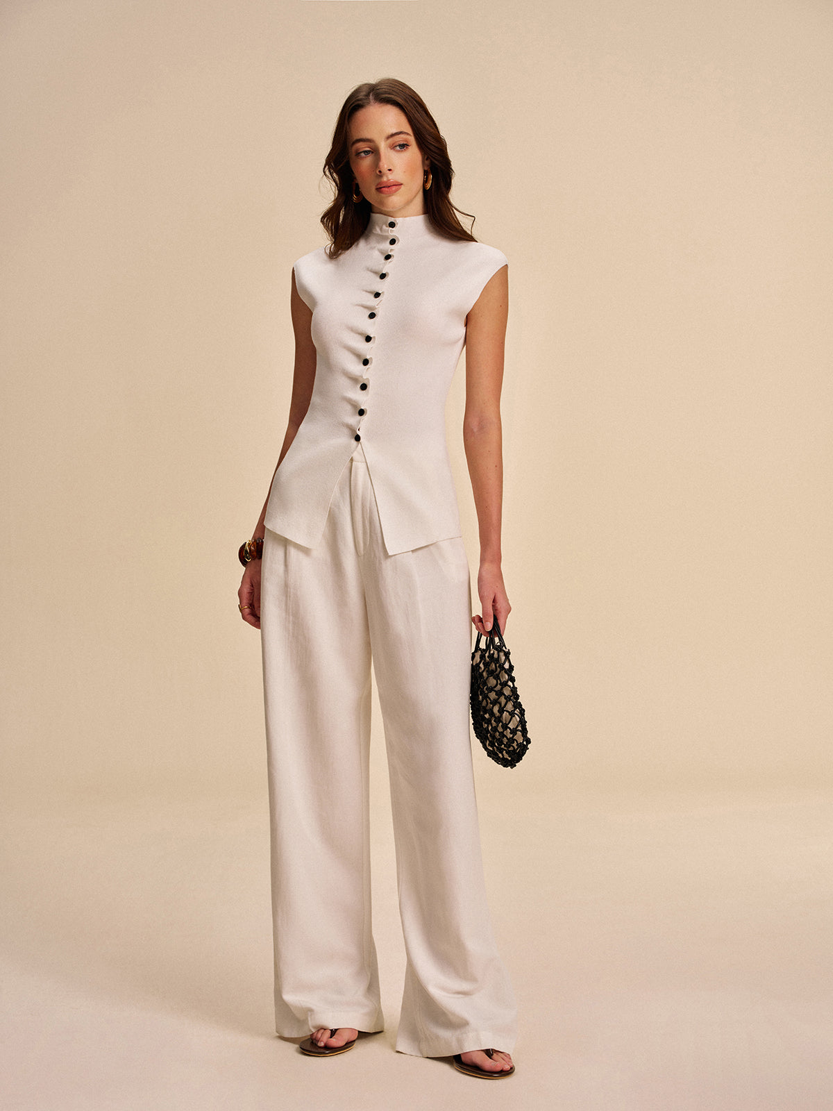 Button-Front Sleeveless Cardigan-Chicvia