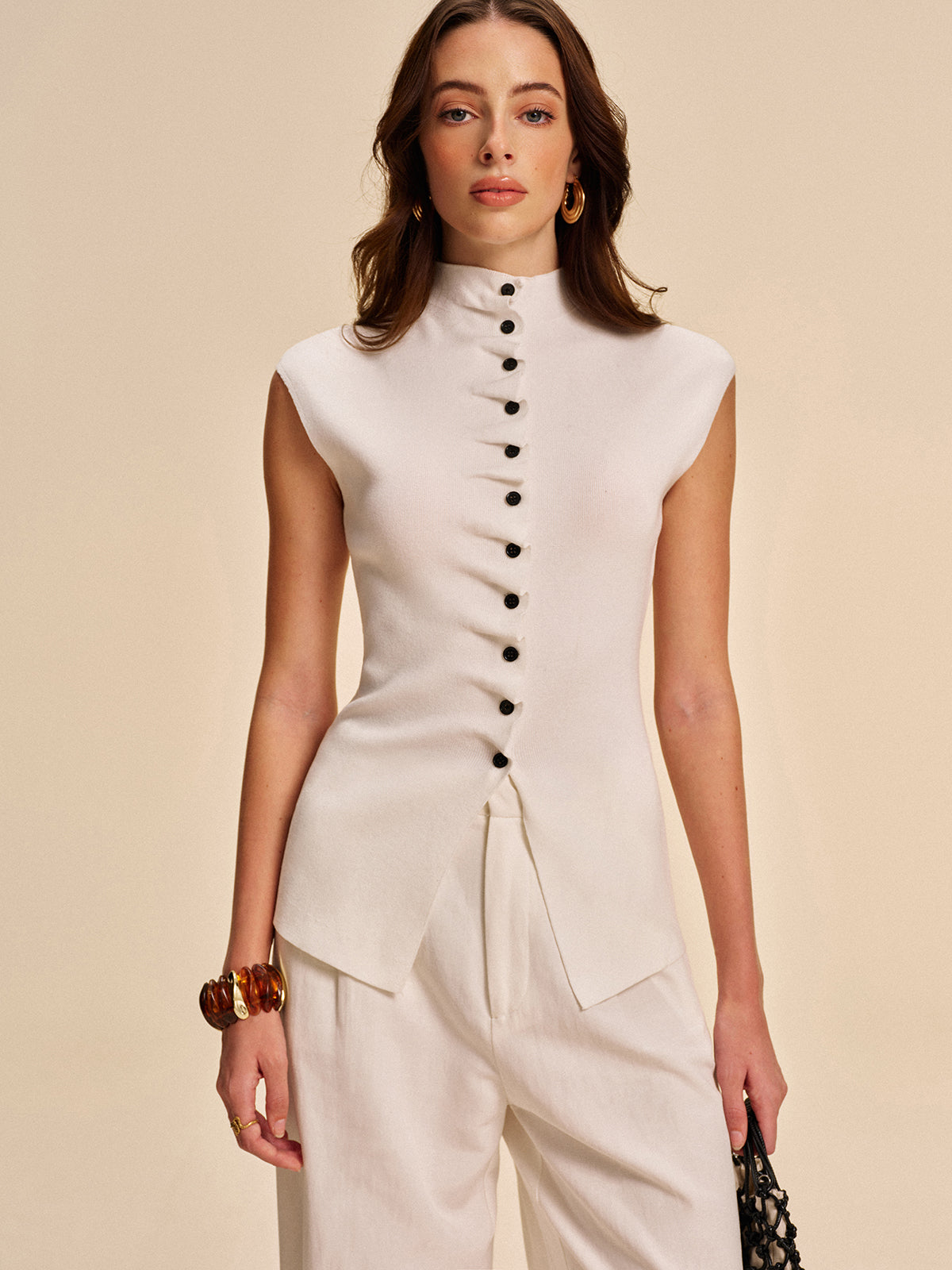 Button-Front Sleeveless Cardigan-Chicvia