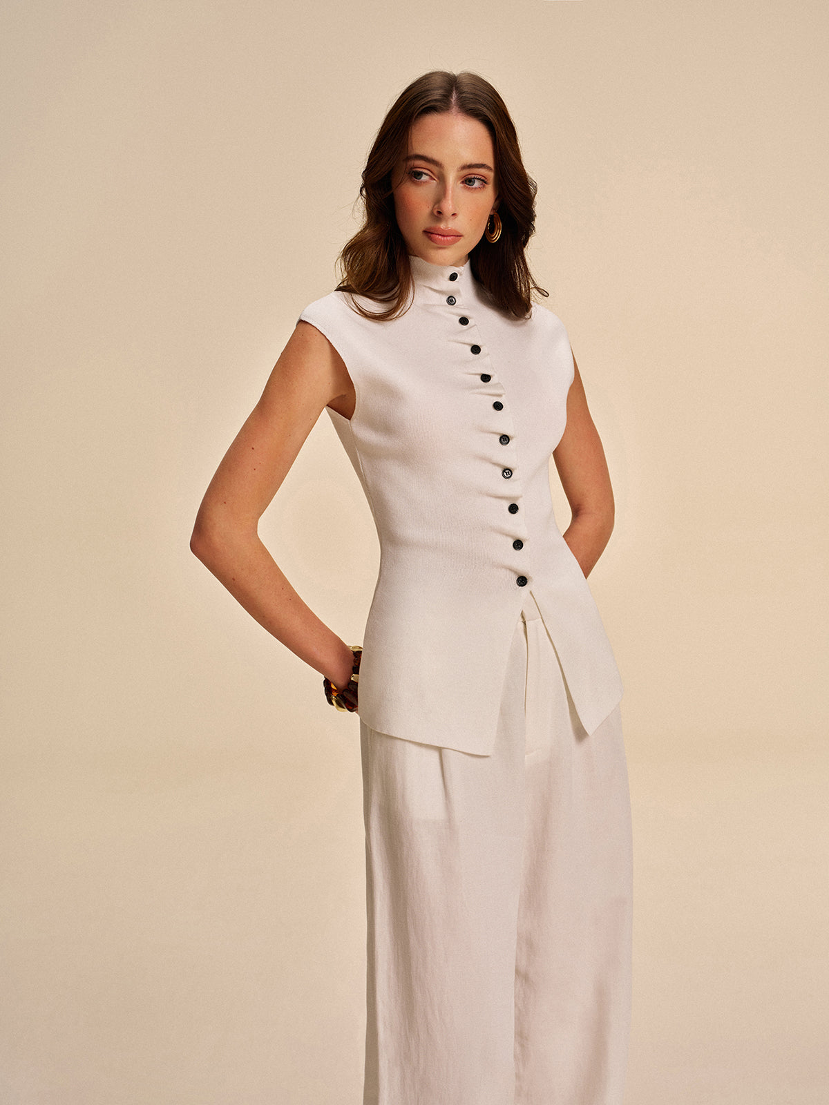 Button-Front Sleeveless Cardigan-Chicvia