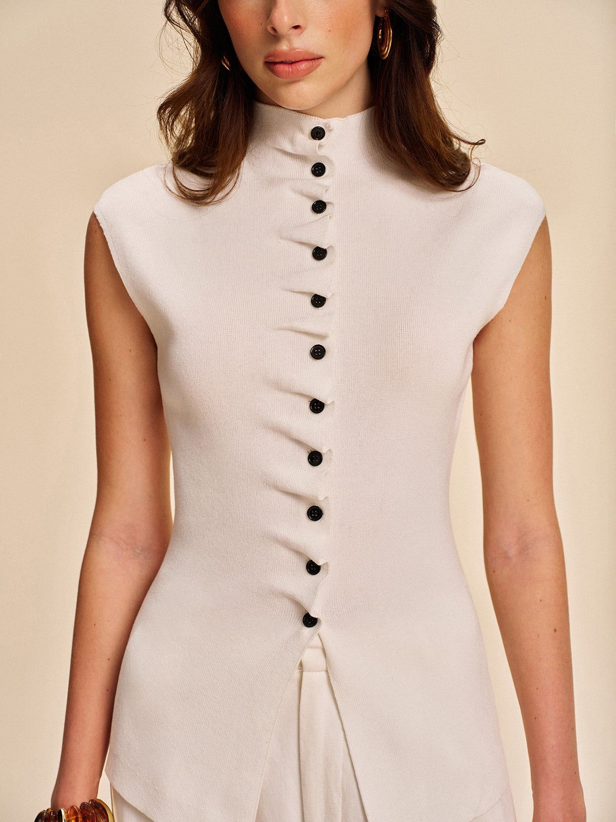 Button-Front Sleeveless Cardigan-Chicvia