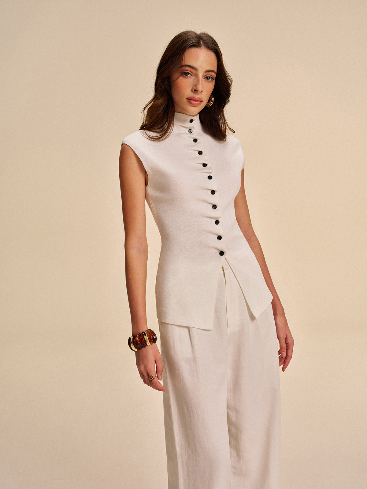 Button-Front Sleeveless Cardigan-Chicvia