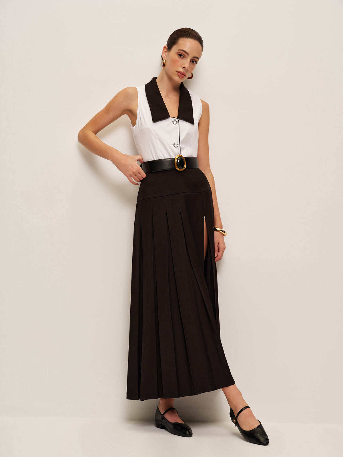 Pleated Split Skirt-Chicvia