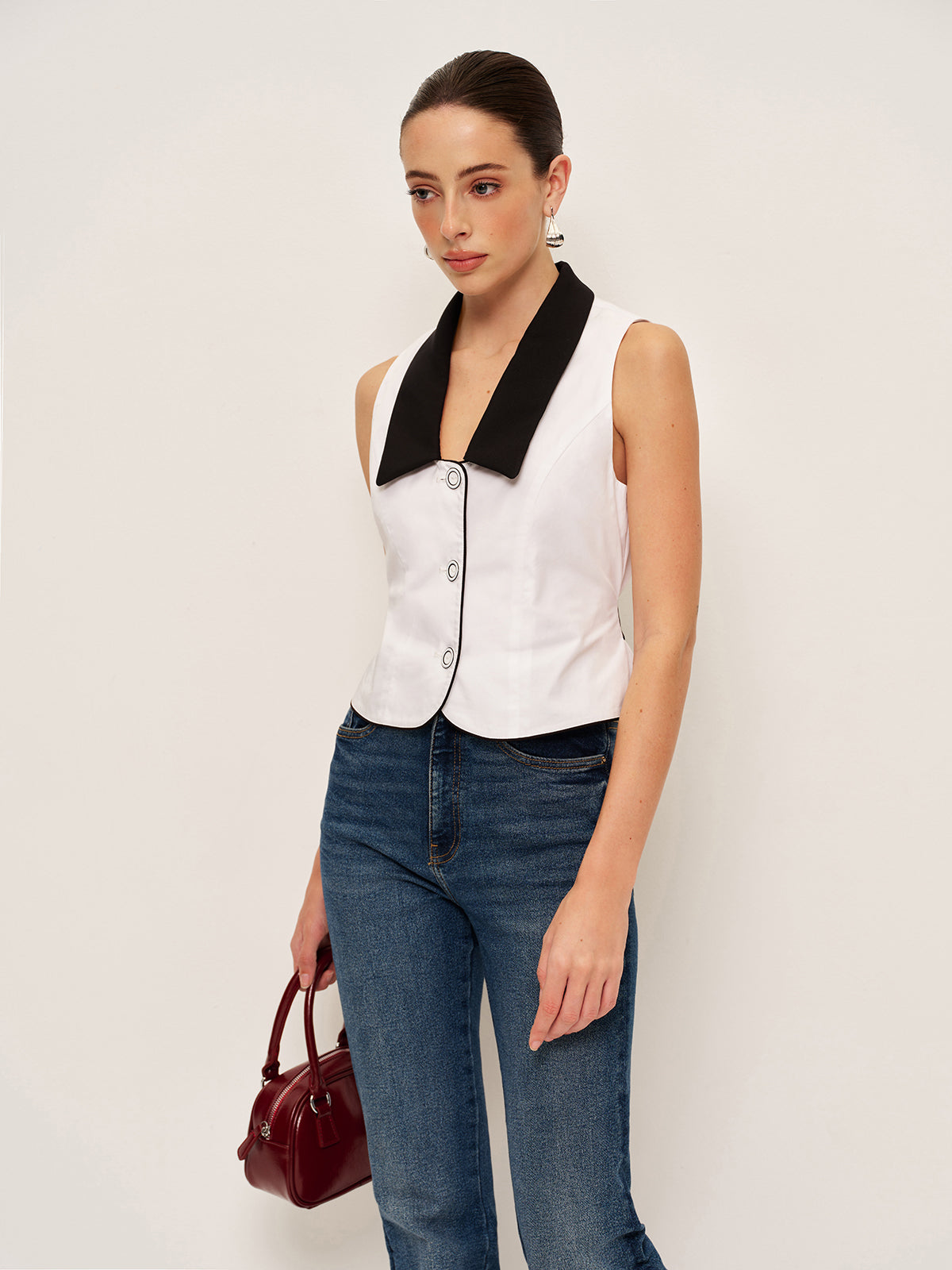 Contrast Collar Button-Up Vest With Back Bow-Chicvia