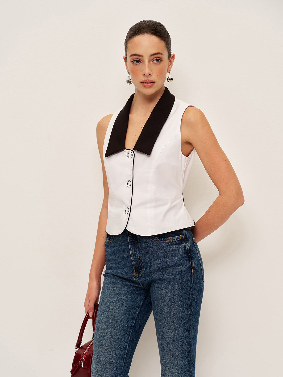 Contrast Collar Button-Up Vest With Back Bow-Chicvia