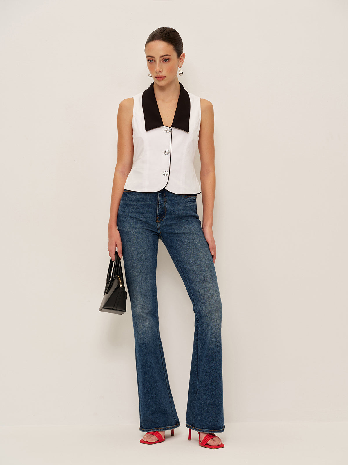 Contrast Collar Button-Up Vest With Back Bow-Chicvia