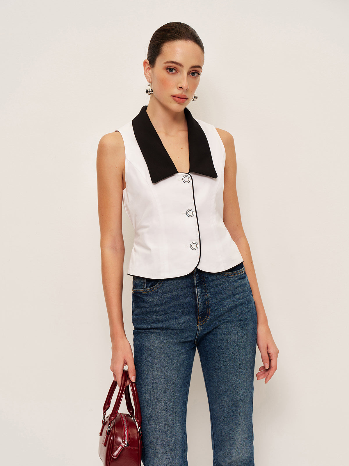 Contrast Collar Button-Up Vest With Back Bow-Chicvia