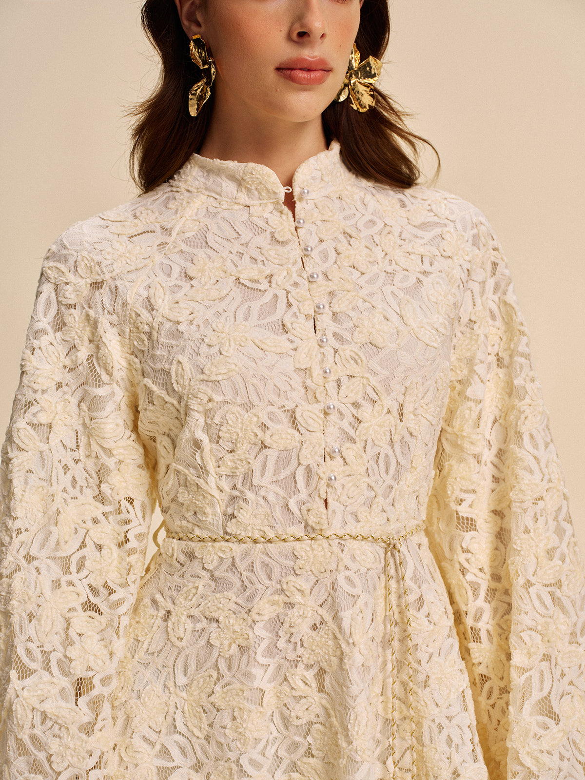 Lace Bell-Sleeve Dress With Belt-Chicvia