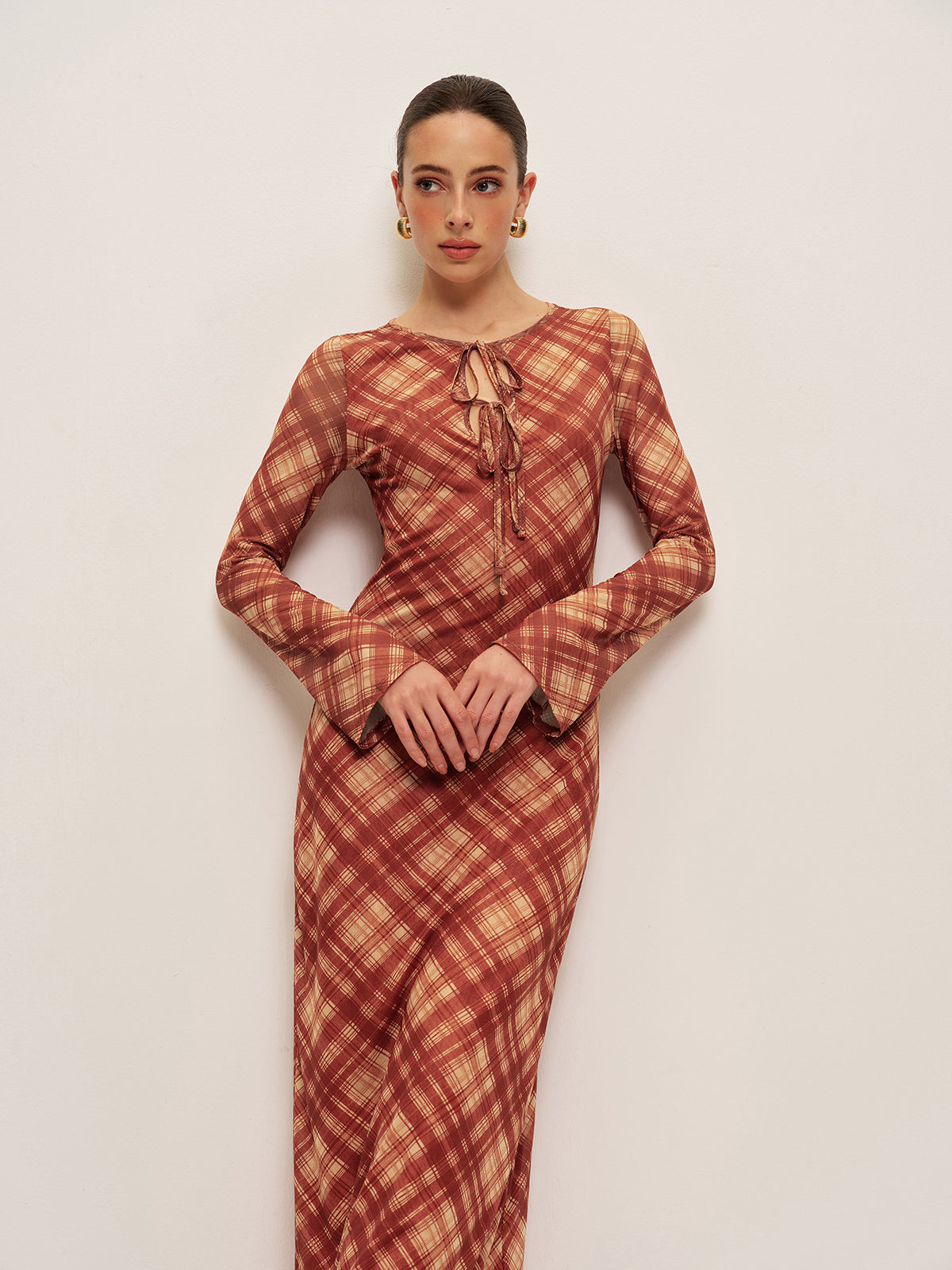 Plaid Tie-Front Long Sleeve Dress-Chicvia