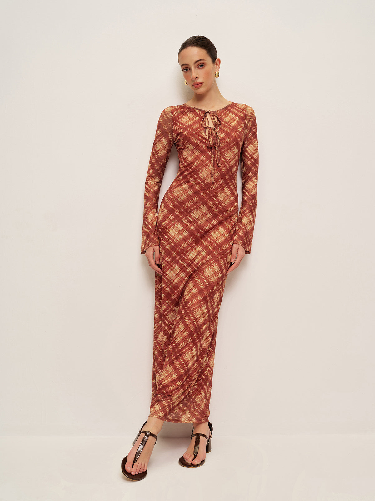 Plaid Tie-Front Long Sleeve Dress-Chicvia