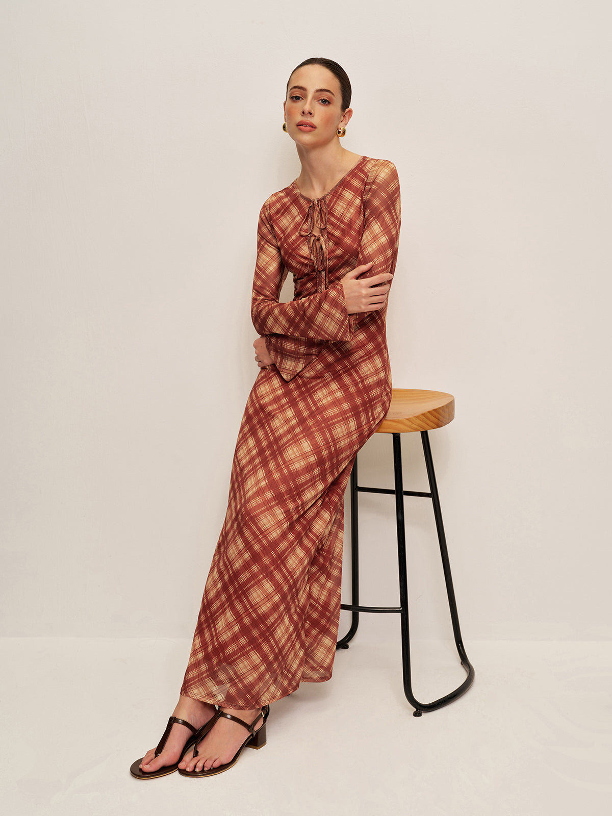 Plaid Tie-Front Long Sleeve Dress-Chicvia