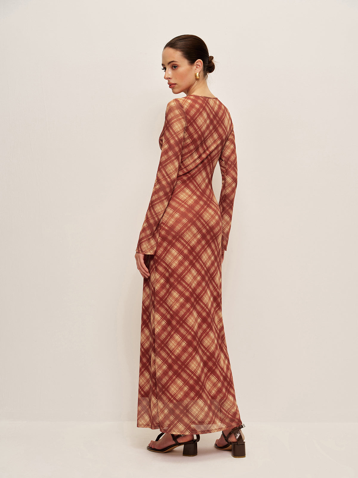 Plaid Tie-Front Long Sleeve Dress-Chicvia