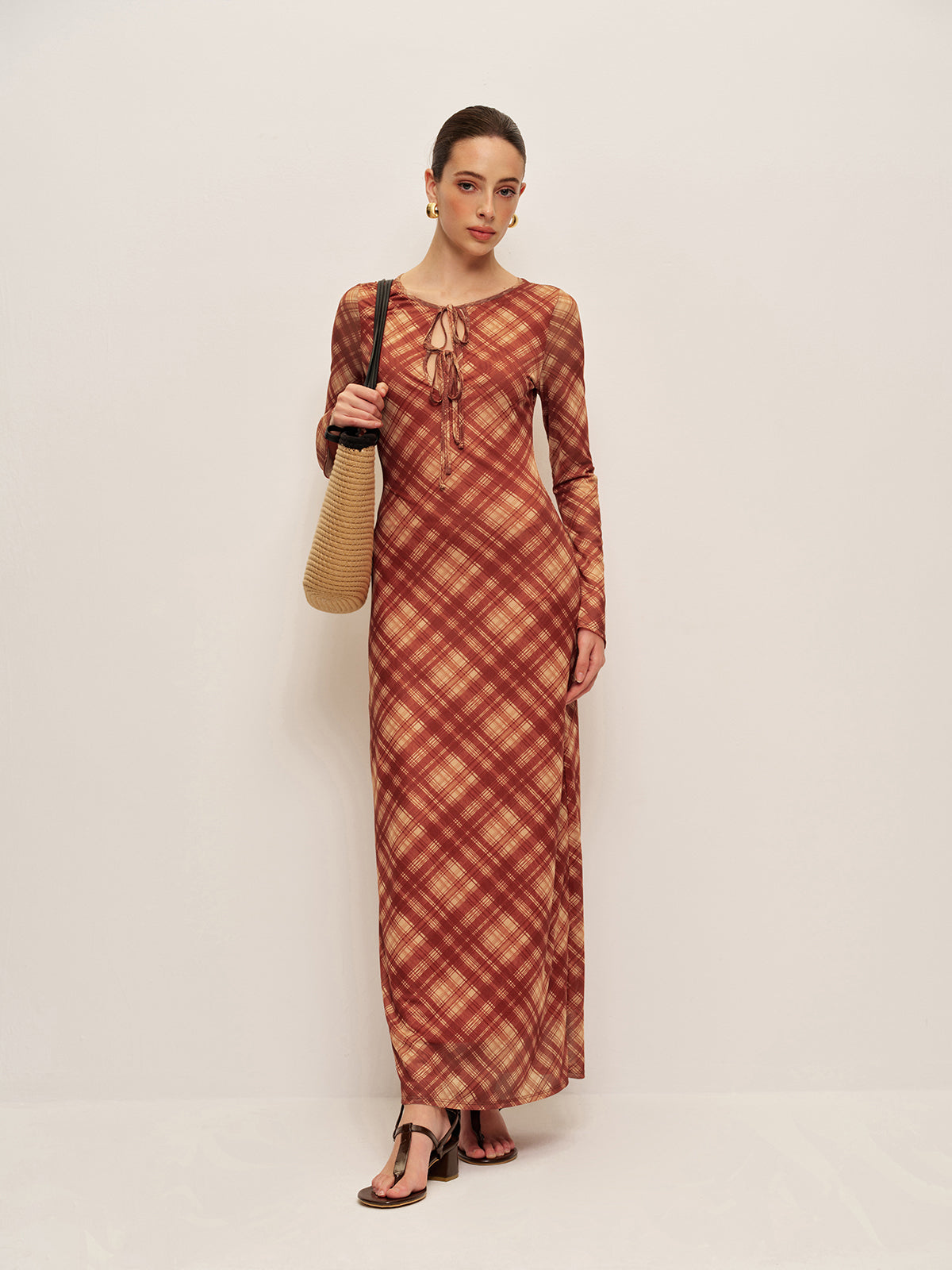 Plaid Tie-Front Long Sleeve Dress-Chicvia