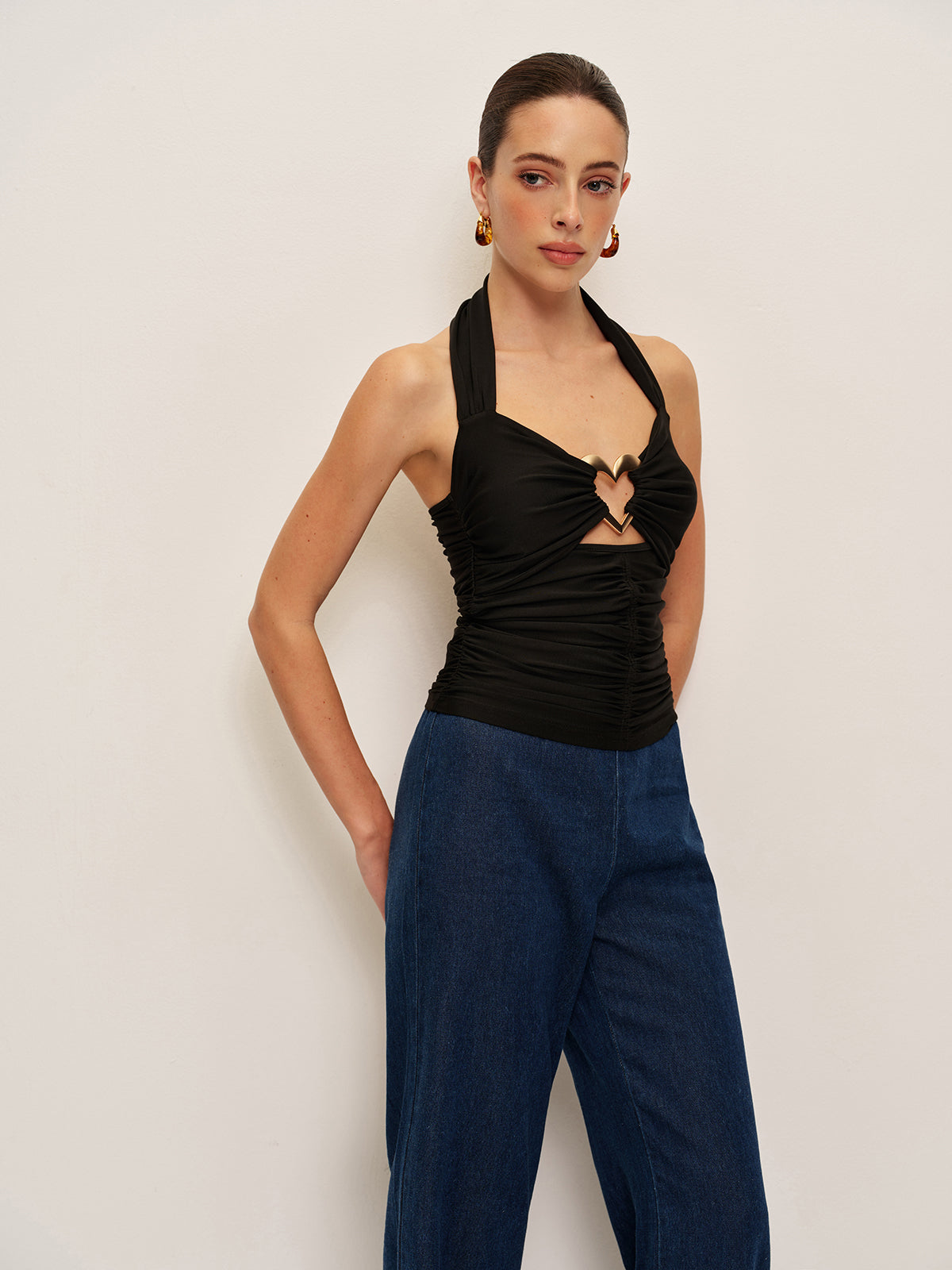 Heart Detail Ruched Halter Top-Chicvia