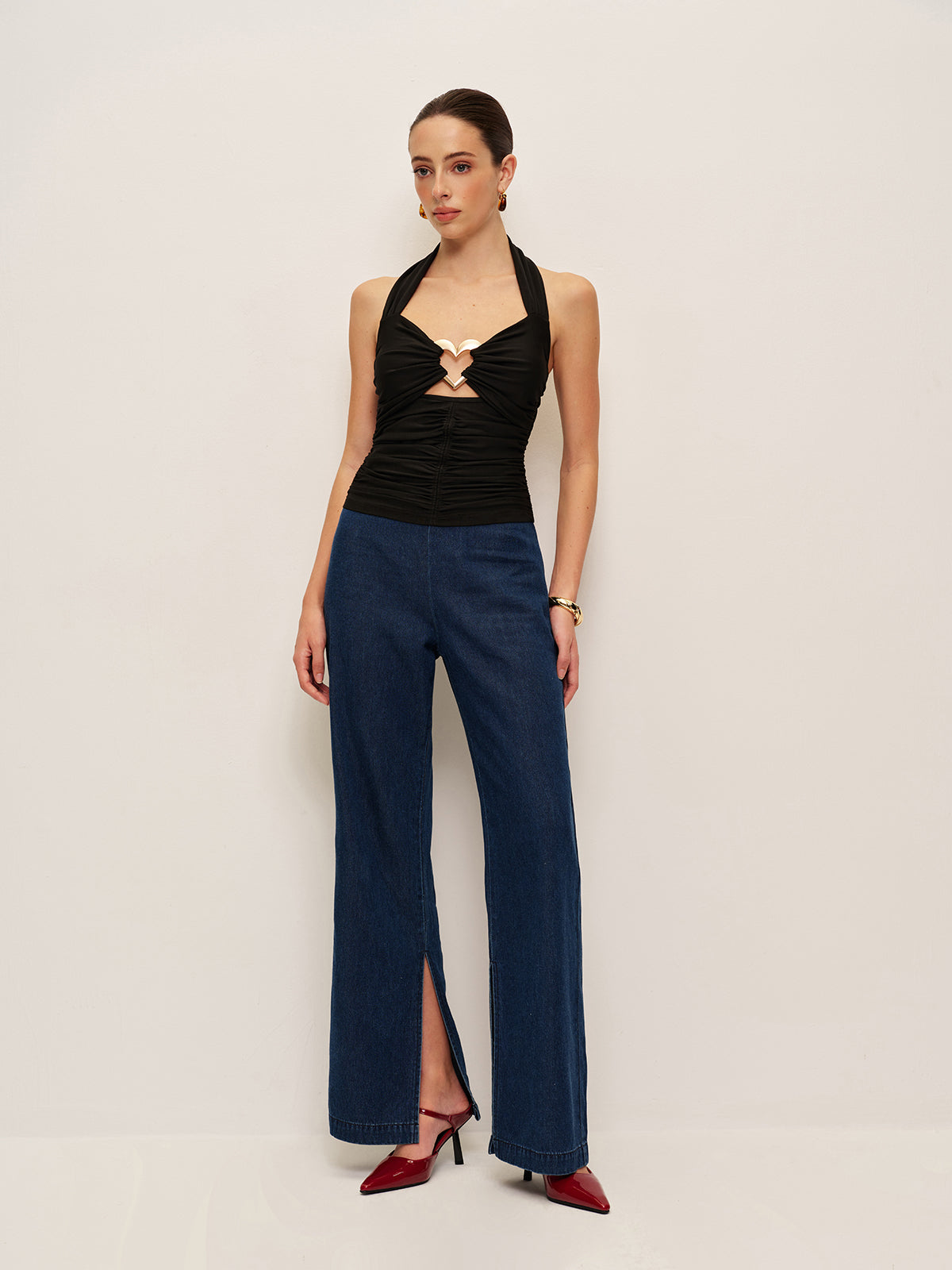 Heart Detail Ruched Halter Top-Chicvia