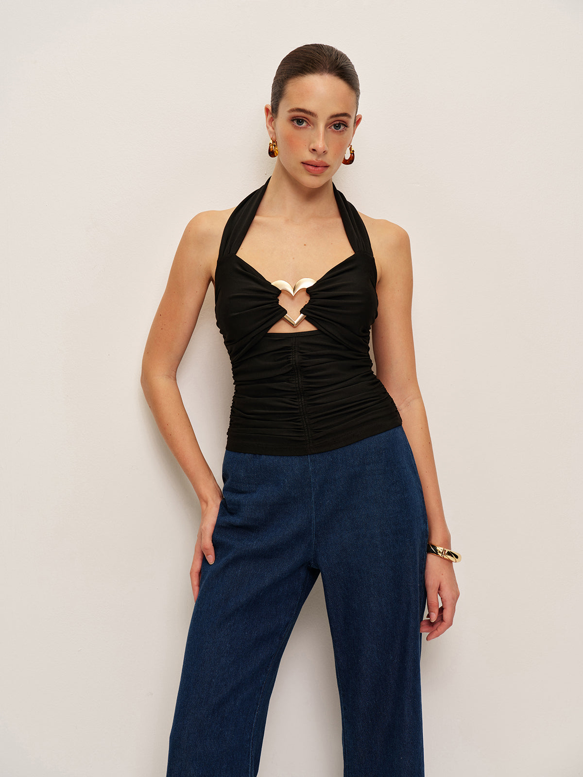 Heart Detail Ruched Halter Top-Chicvia