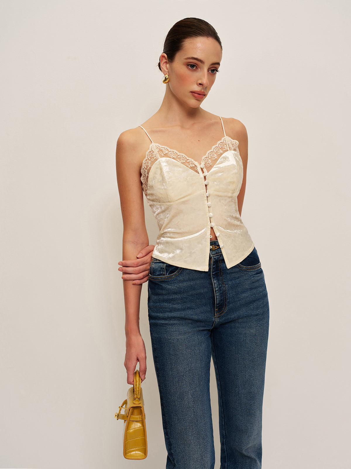 Lace Detail Velvet Cami Top-Chicvia