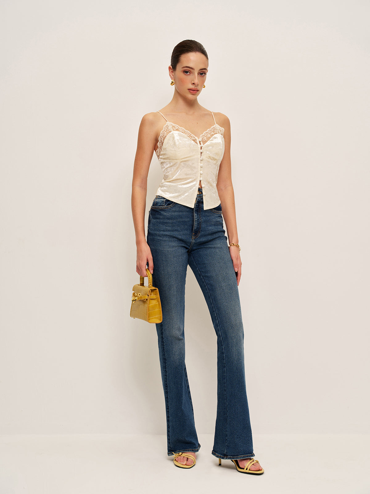 Lace Detail Velvet Cami Top-Chicvia