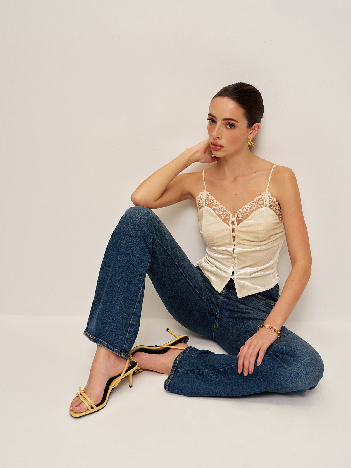 Lace Detail Velvet Cami Top-Chicvia