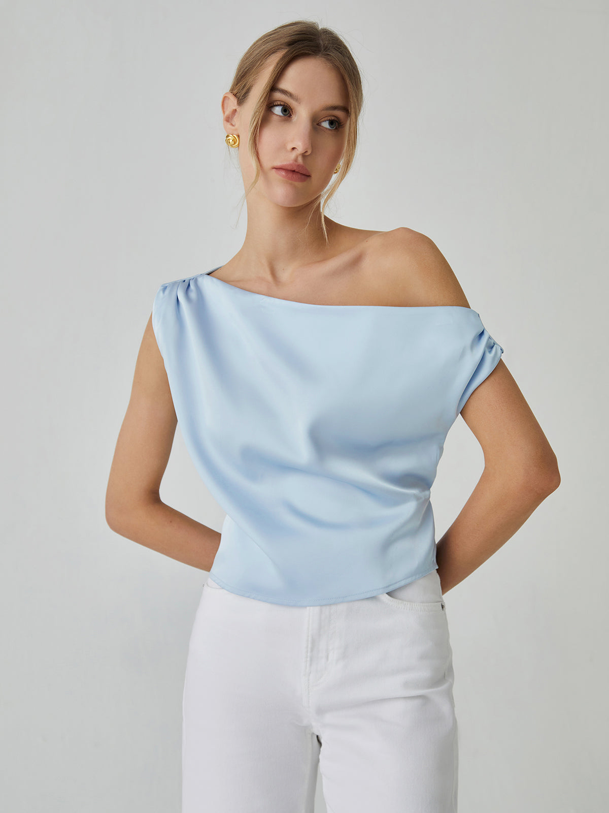 One Shoulder Off Knotted Blouse-Chicvia