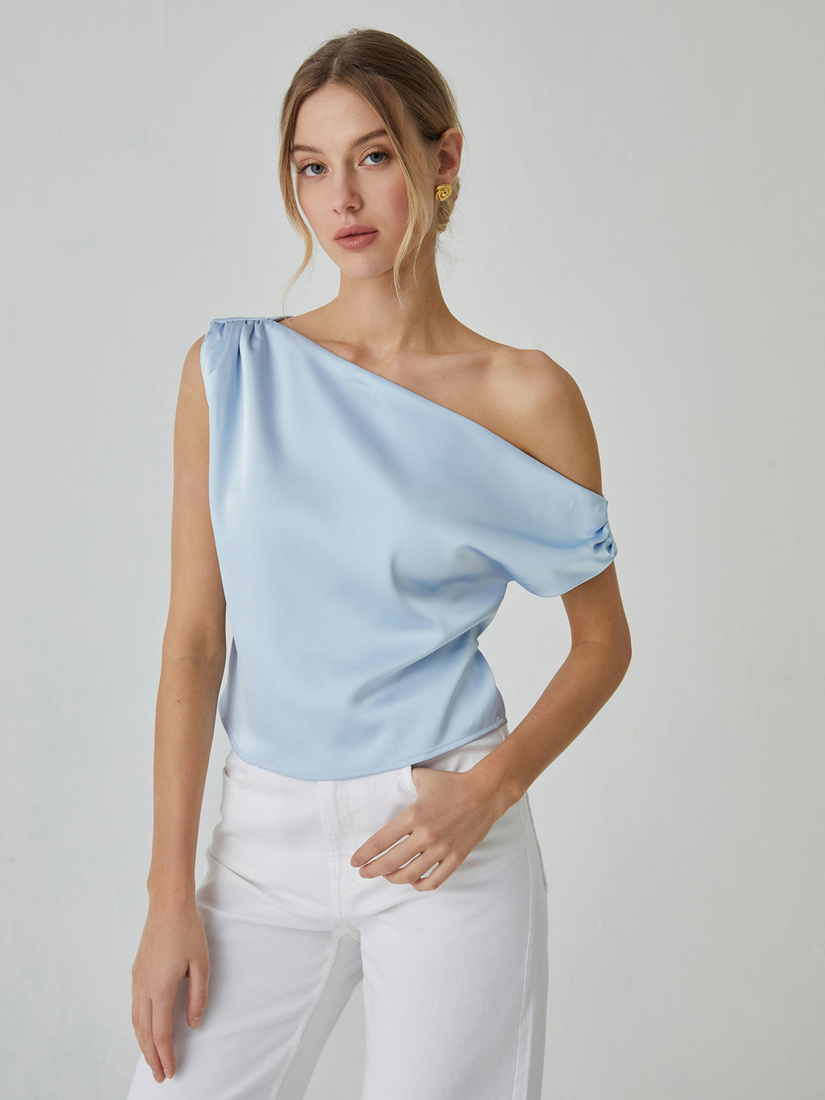 One Shoulder Off Knotted Blouse-Chicvia