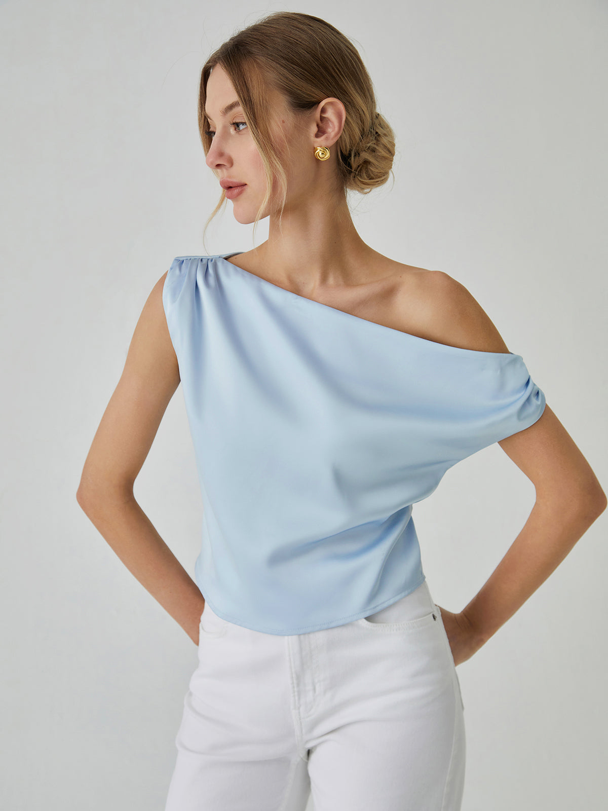 One Shoulder Off Knotted Blouse-Chicvia