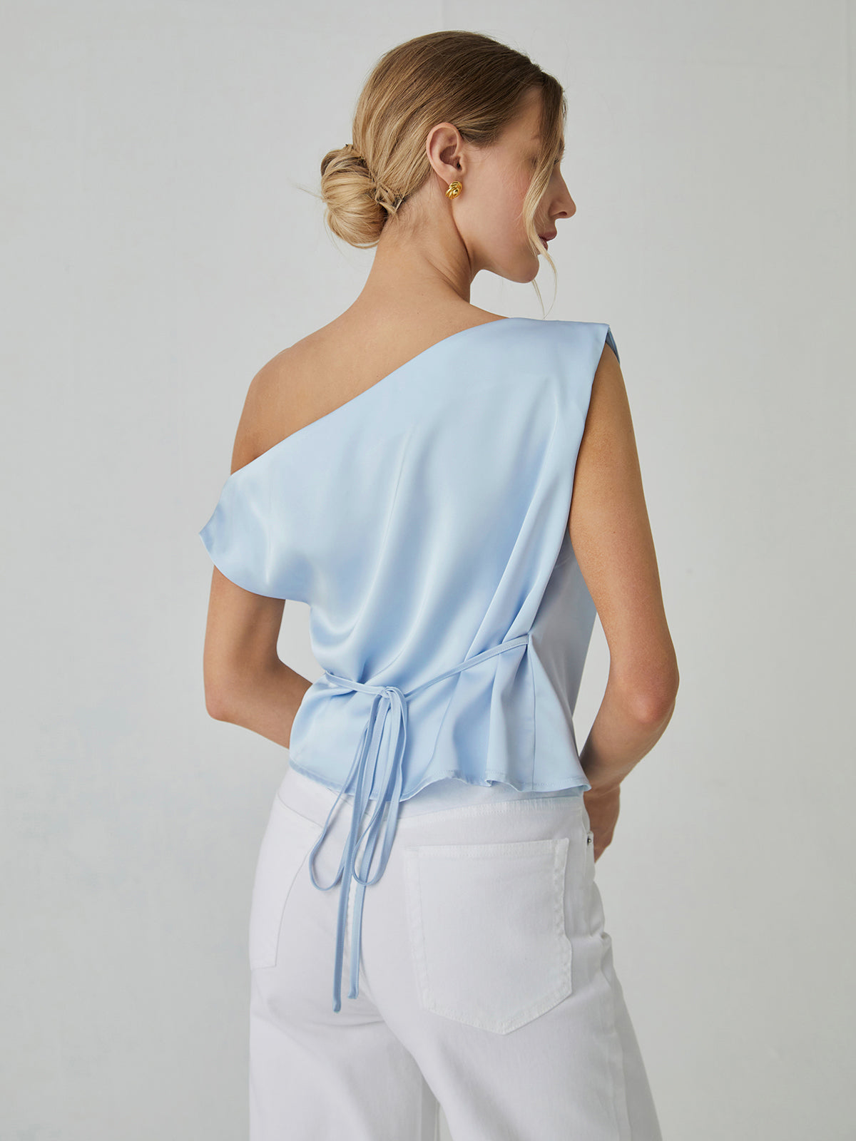 One Shoulder Off Knotted Blouse-Chicvia