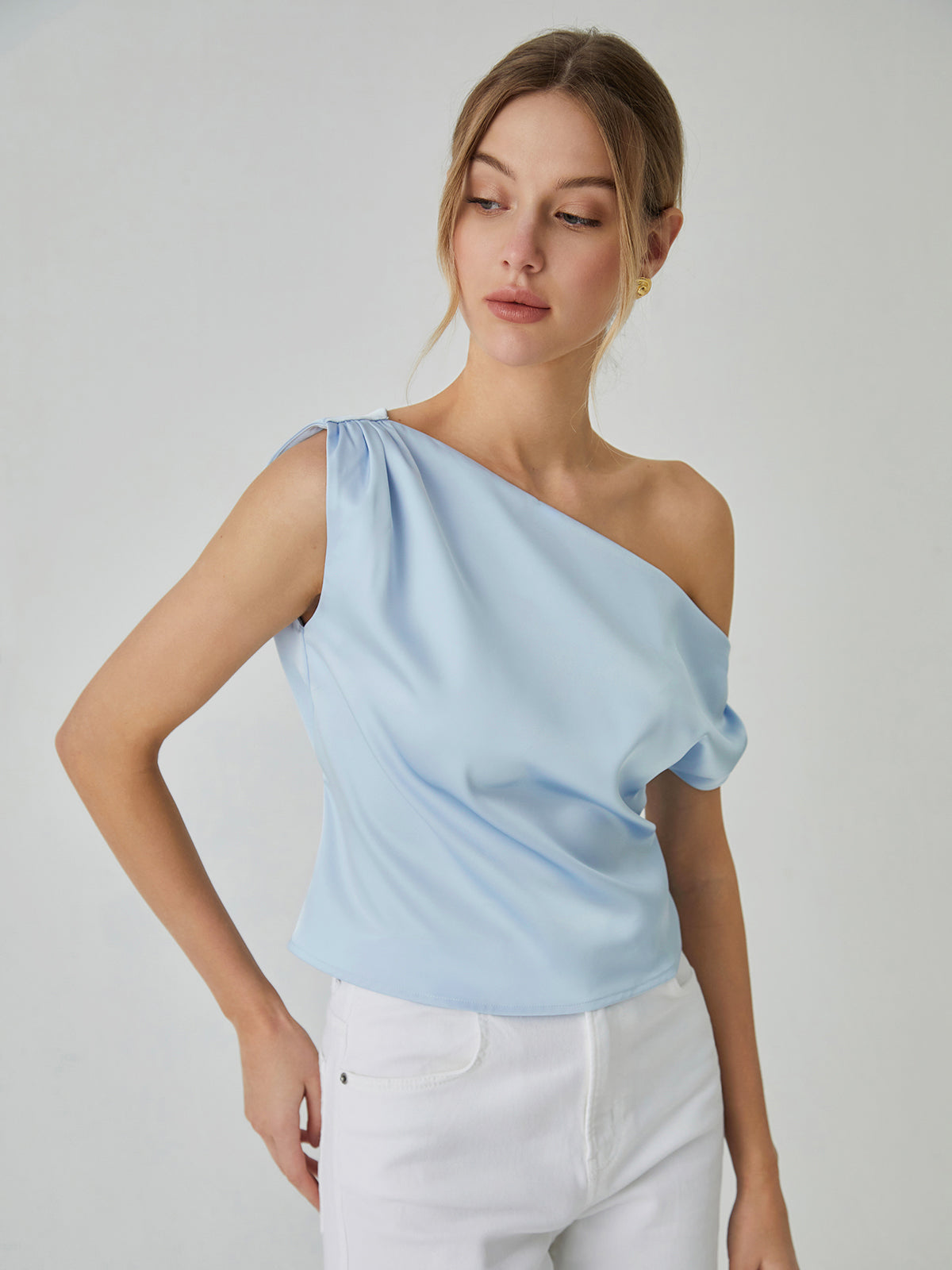 One Shoulder Off Knotted Blouse-Chicvia