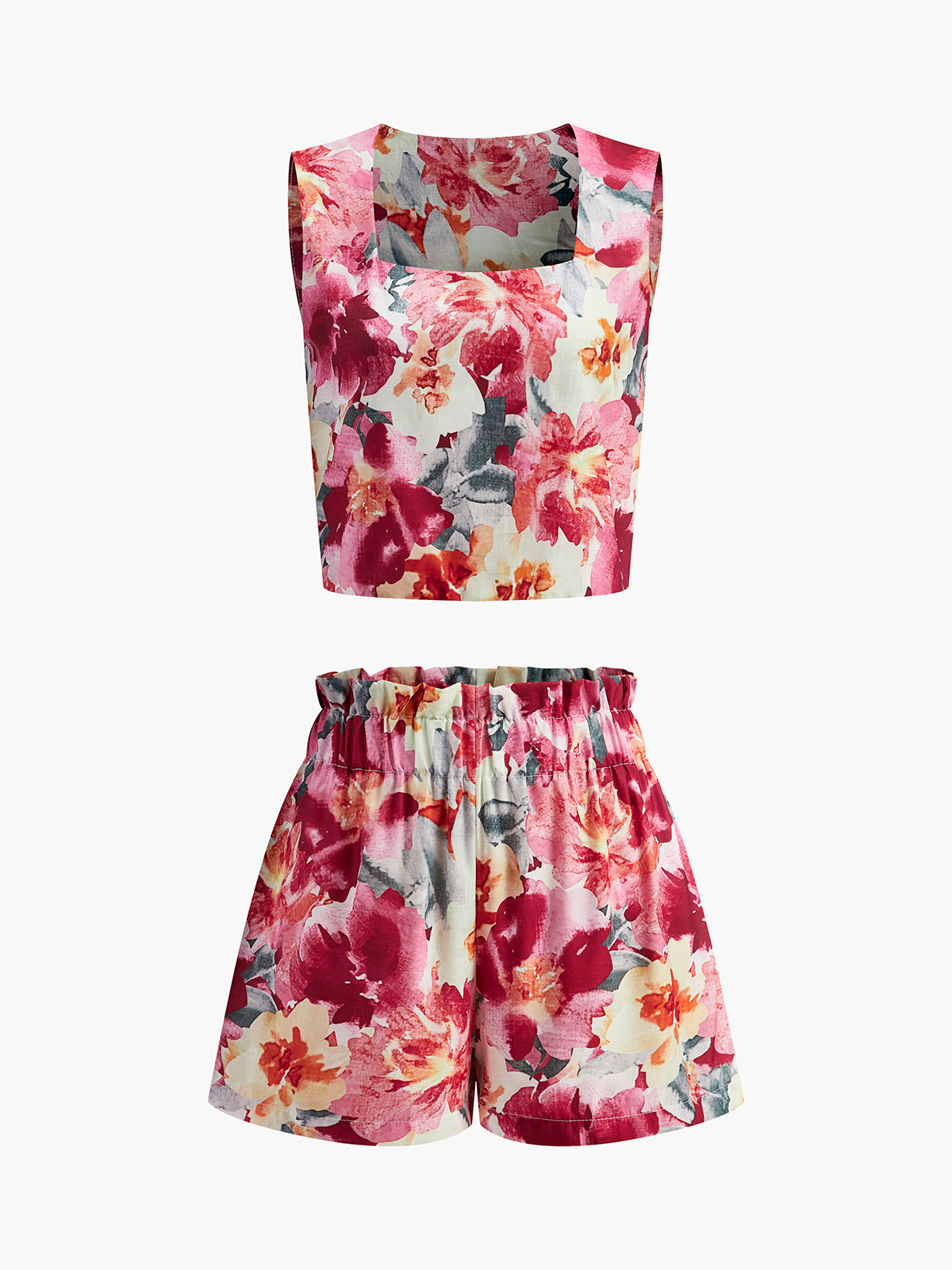 Floral Print Sleeveless Shorts Set-Chicvia