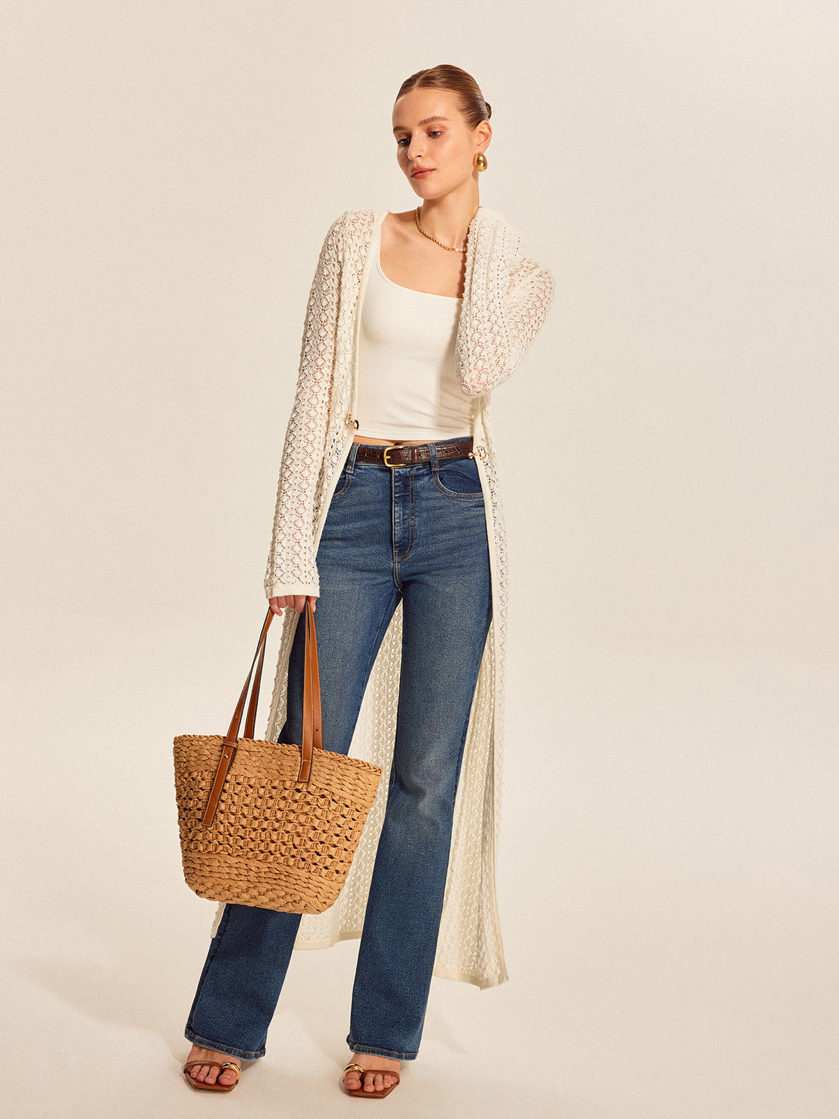 Lace Knit Metal Detail Cardigan-Chicvia