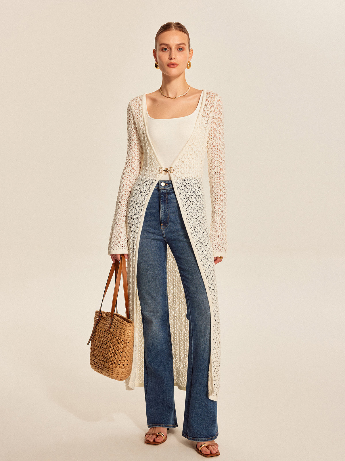 Lace Knit Metal Detail Cardigan-Chicvia