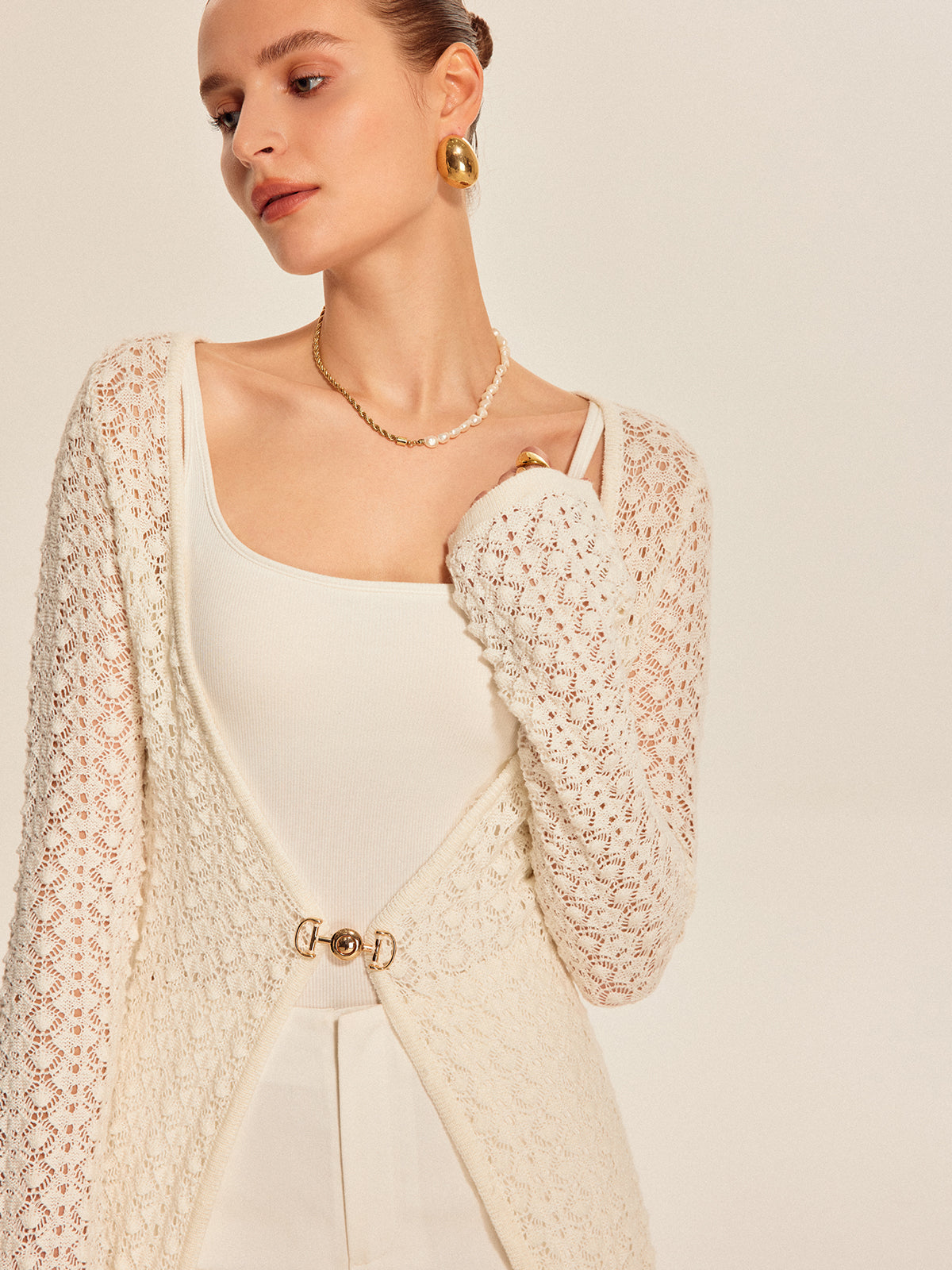 Lace Knit Metal Detail Cardigan-Chicvia
