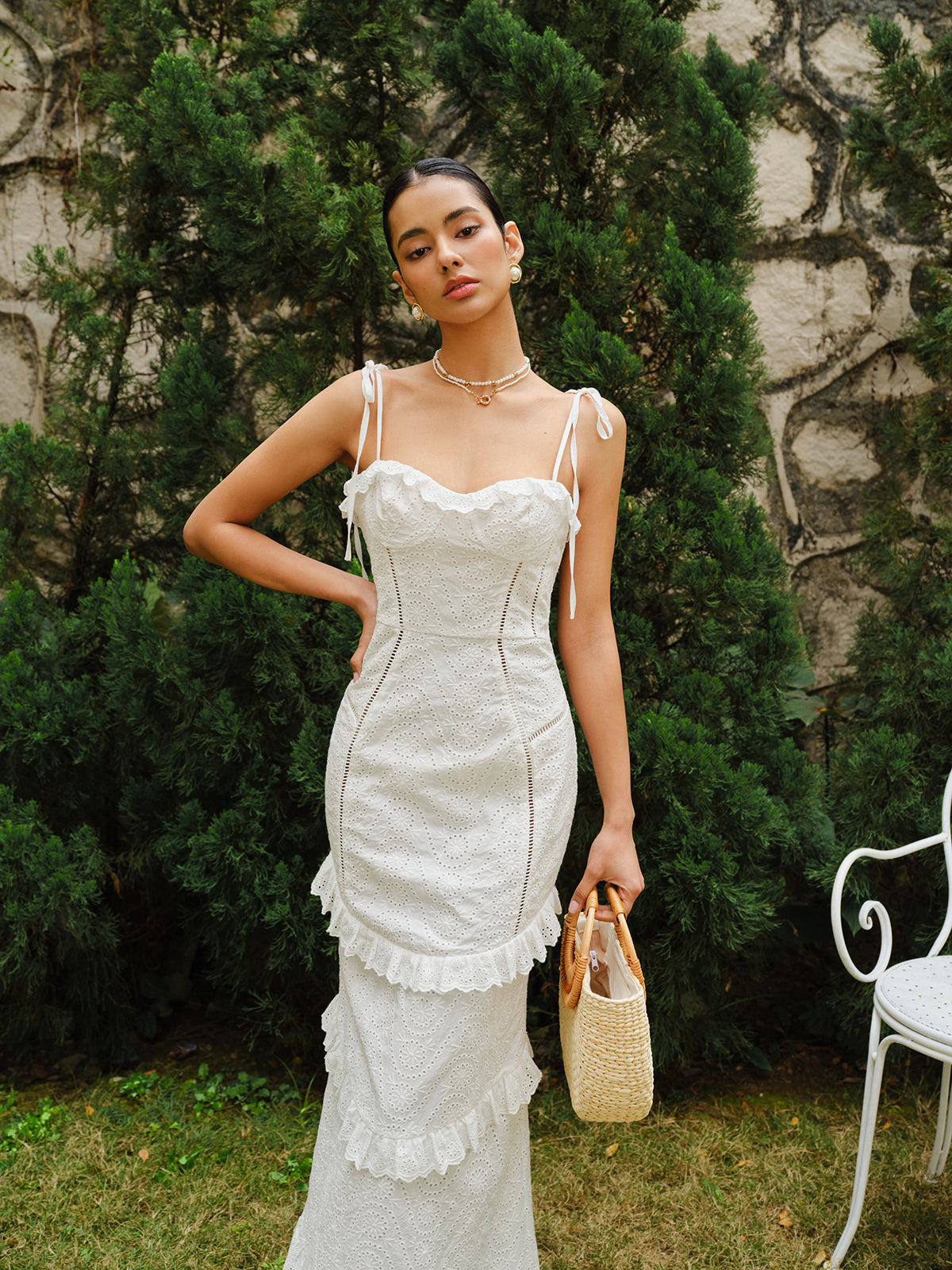 Lace-Up Tie Strap Ruffled Slit Dress-Chicvia