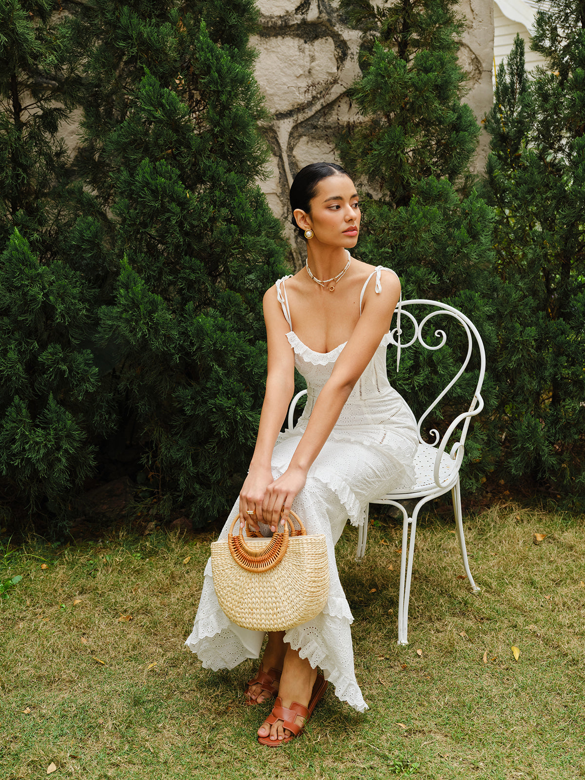 Lace-Up Tie Strap Ruffled Slit Dress-Chicvia