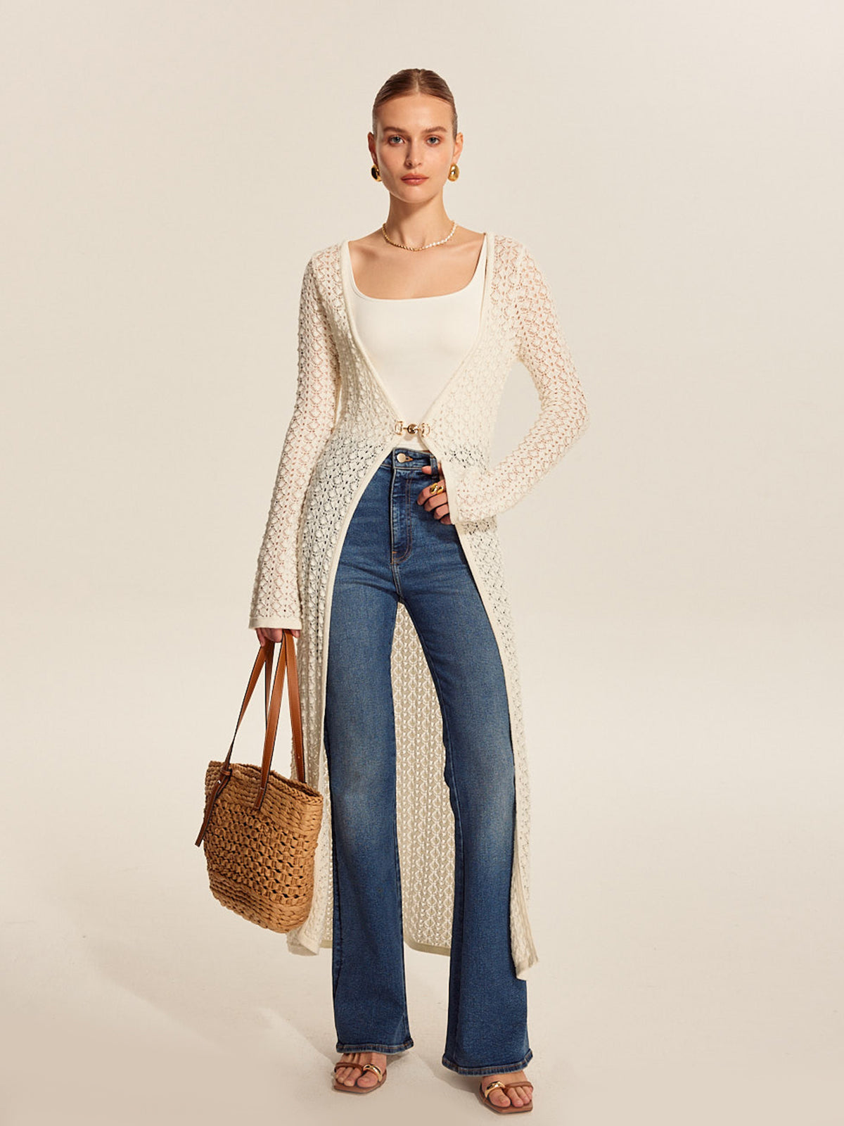 Lace Knit Metal Detail Cardigan-Chicvia