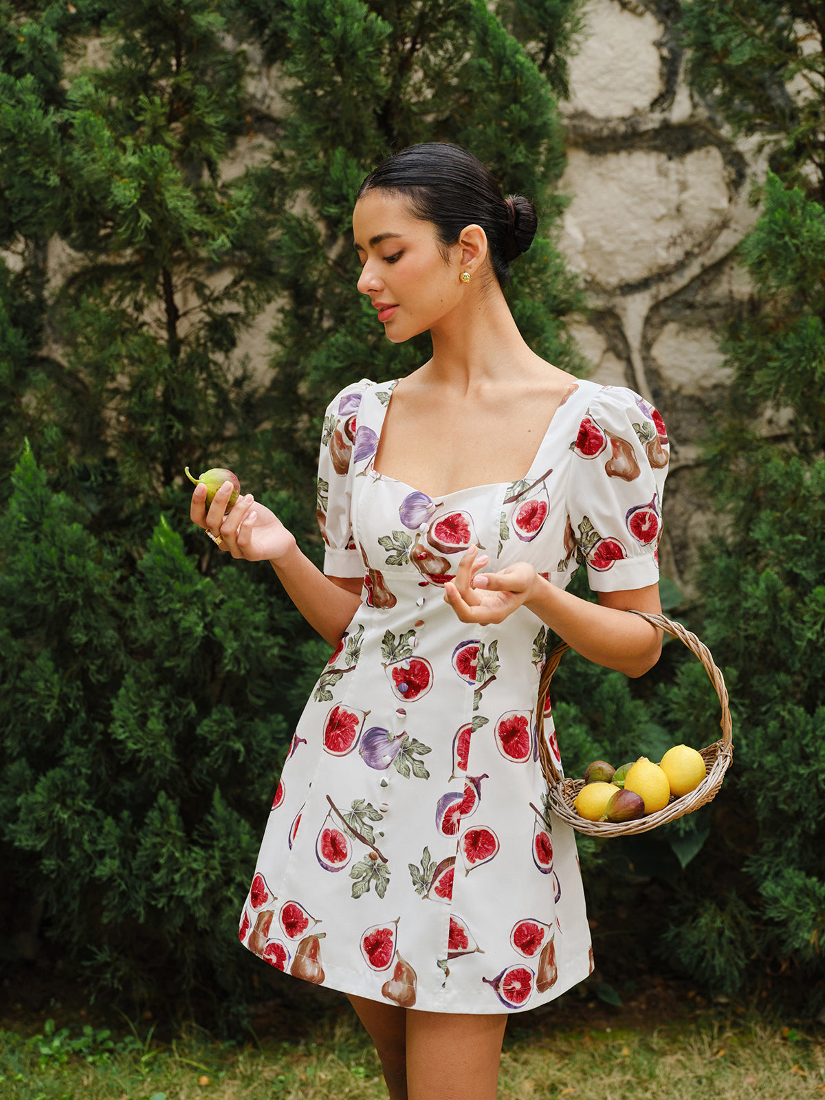 Fruit Print Button-Front Puff Sleeve Dress-Chicvia