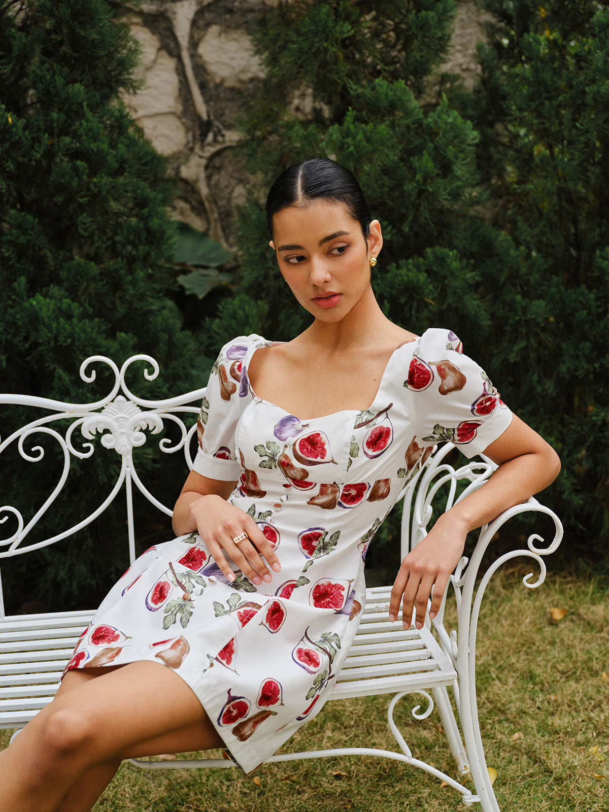 Fruit Print Button-Front Puff Sleeve Dress-Chicvia