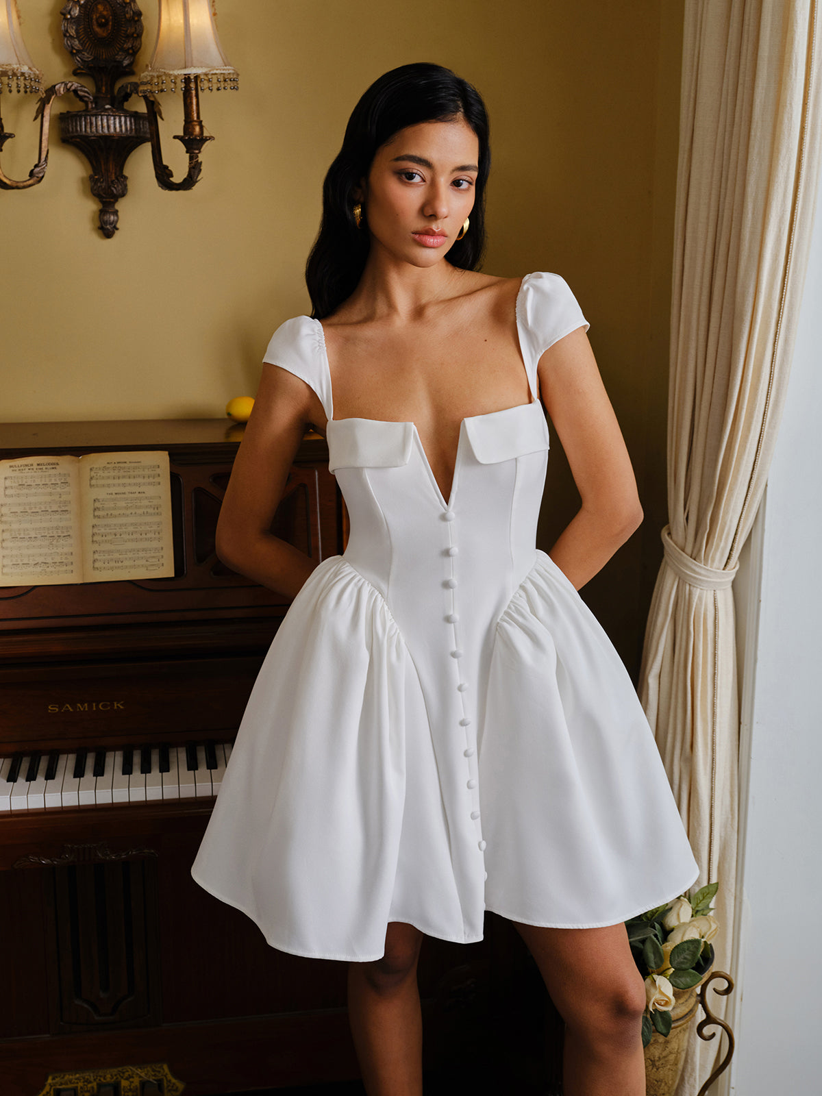 Button-Front Sweetheart Puff Sleeve Dress-Chicvia