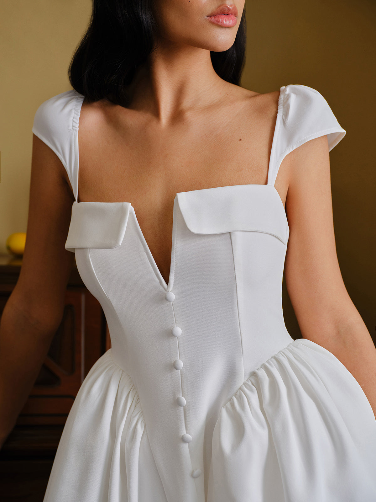 Button-Front Sweetheart Puff Sleeve Dress-Chicvia