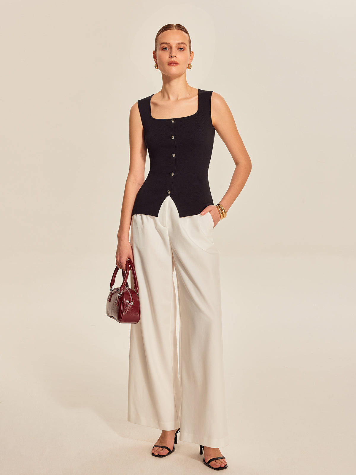 Button Front Square Neck Top-Chicvia