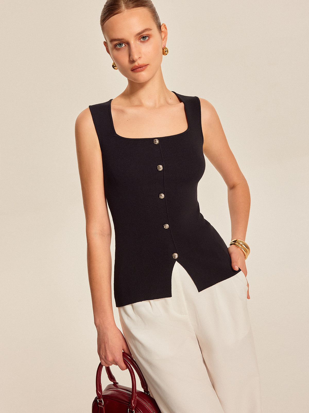 Button Front Square Neck Top-Chicvia