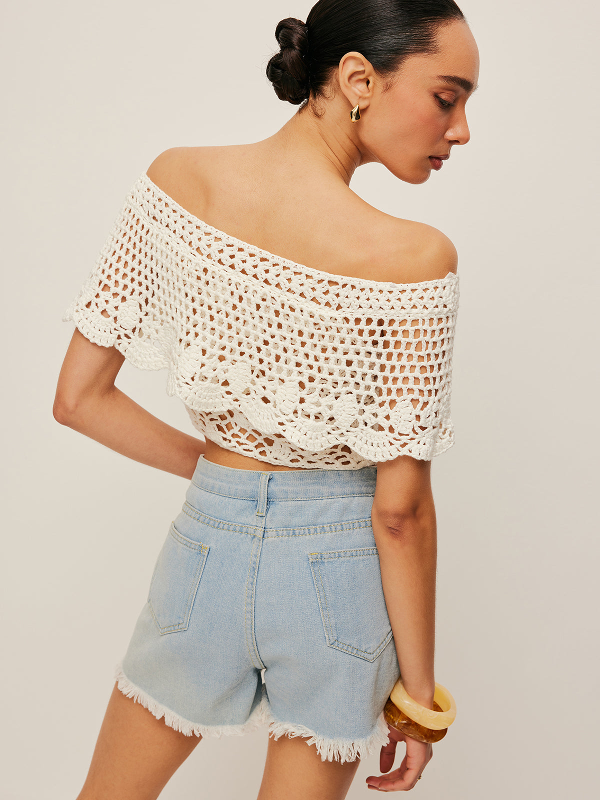 Off-Shoulder Hollow Knit Top-Chicvia